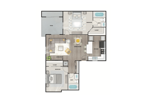 Floor plan for 2 beds, 2 baths, 1000 sqft